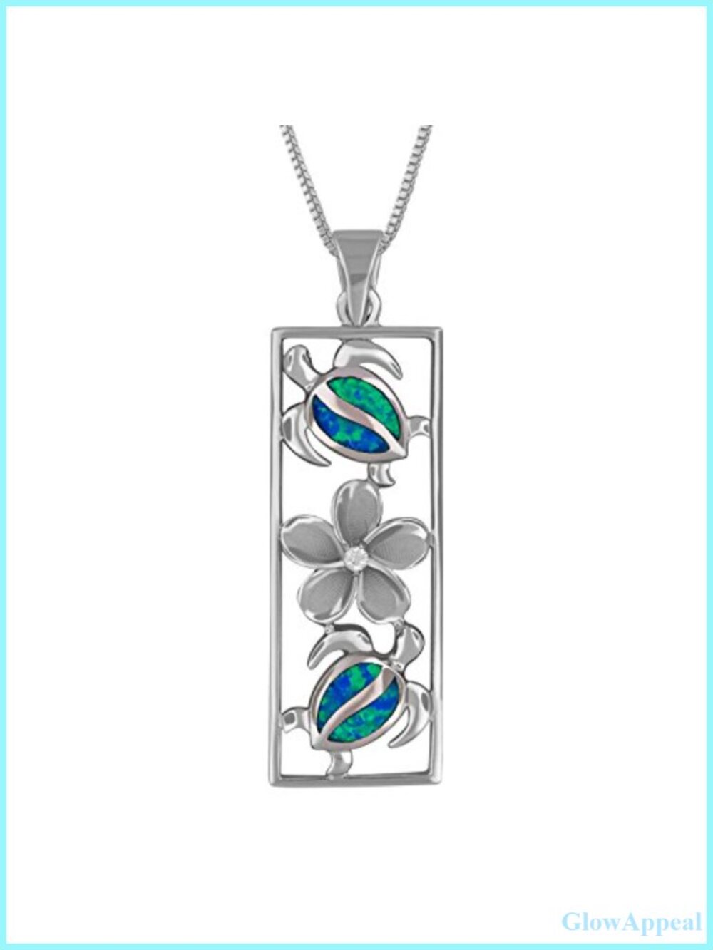 Sterling Silver Blue Synthetic Opal Turtle Plumeria Pendant Necklace 16+2"